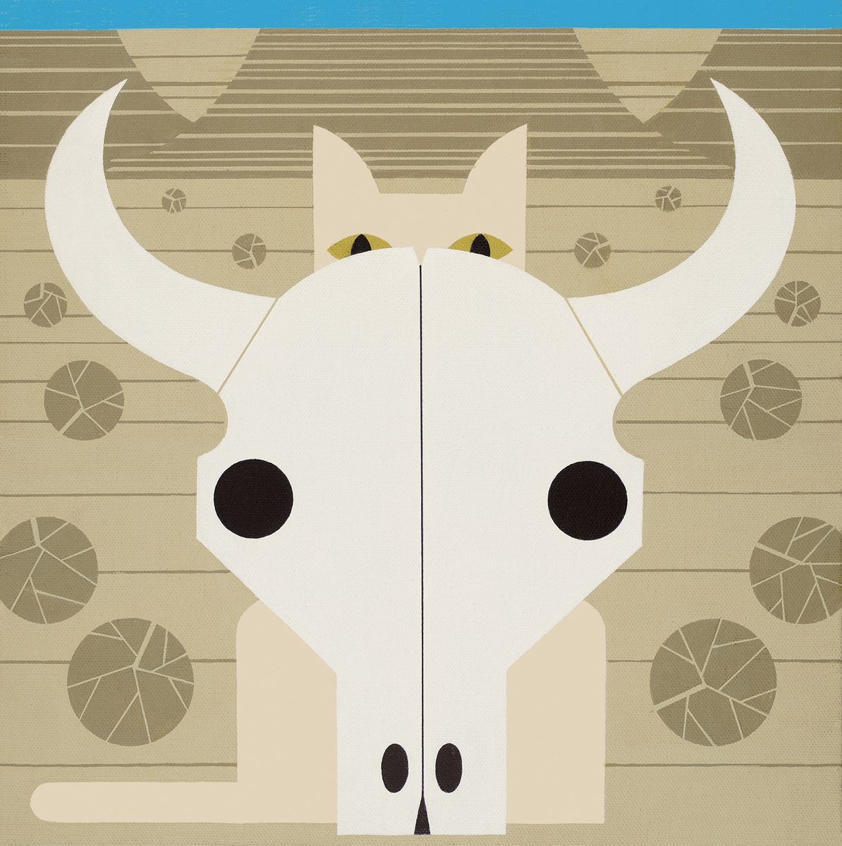 Artwork by Edie McKee Harper: a cat peeking over a cow skull
